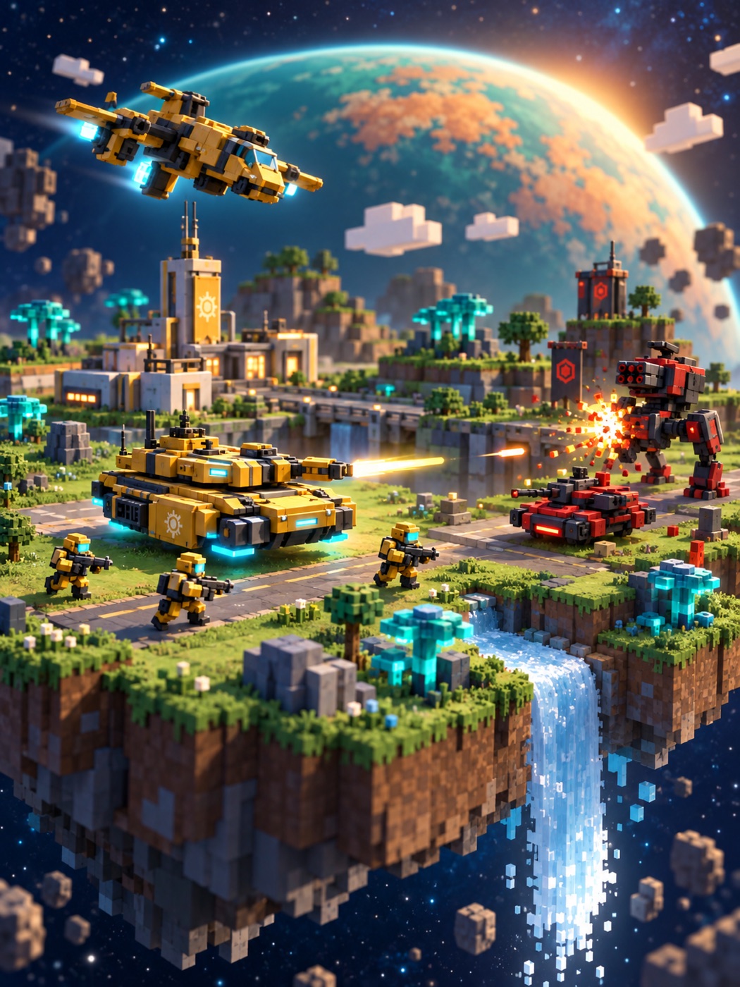 Space Command key art: a golden grav tank and marines of the Solar Commonwealth fighting the red Helix Dominion on a floating island in space
